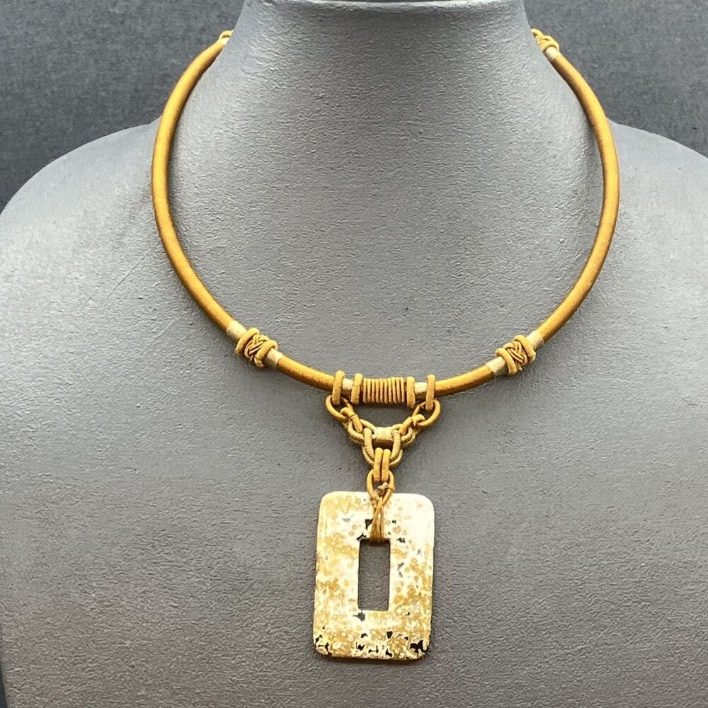 Bohemian Rectangular Pendant Necklace 21 In Golden Cord Retro Vintage Hippie